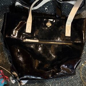 Kate Spade Glossy Black Tote with White Handles